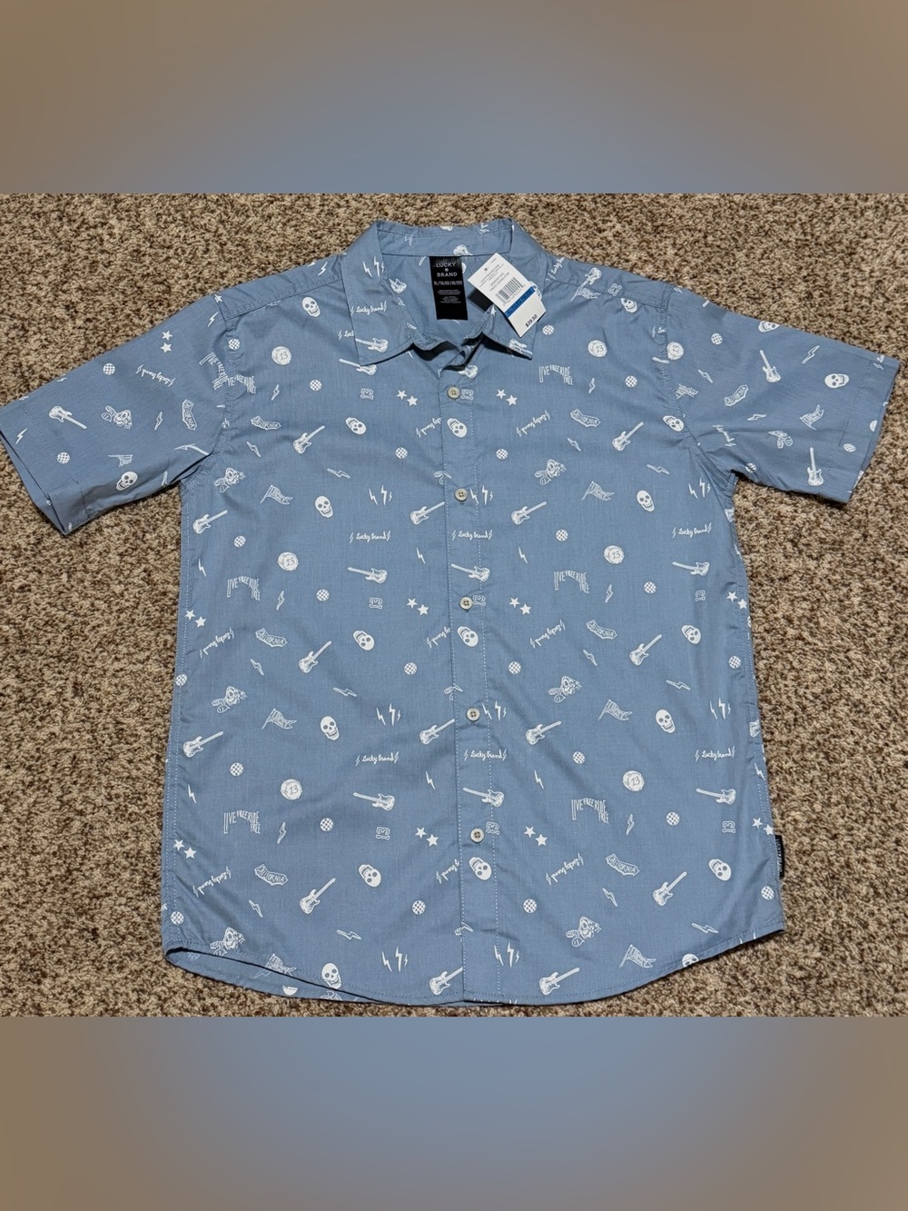 Lucky Brand Faded Denim Blue Rocker Button Down Camp Dress Shirt Boys XL NWT